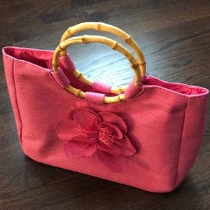 Neiman Marcus Pink straw bag with bamboo handles